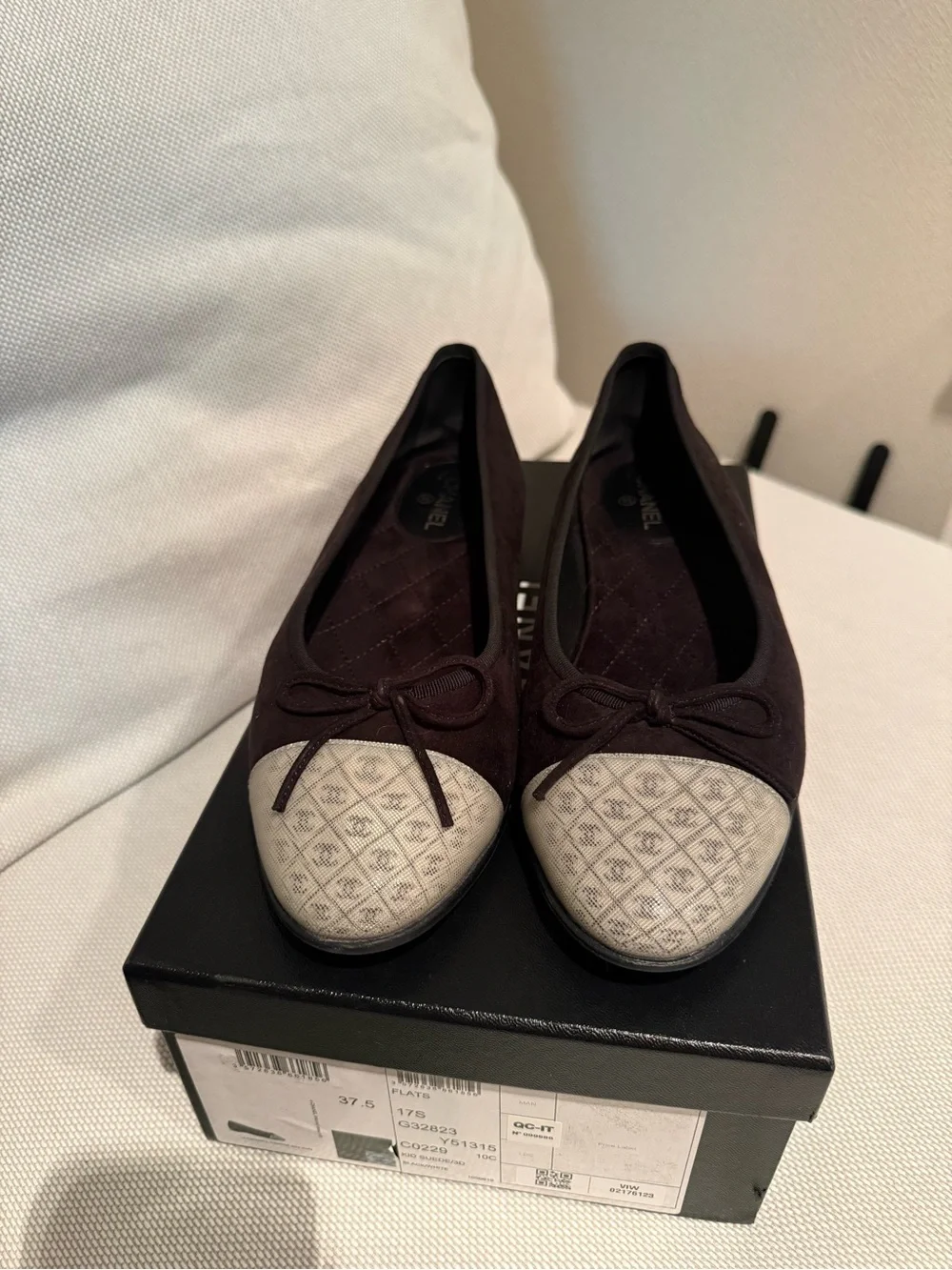 CHANEL black suede Ballet Flats with Cream Patterned Cap Toe